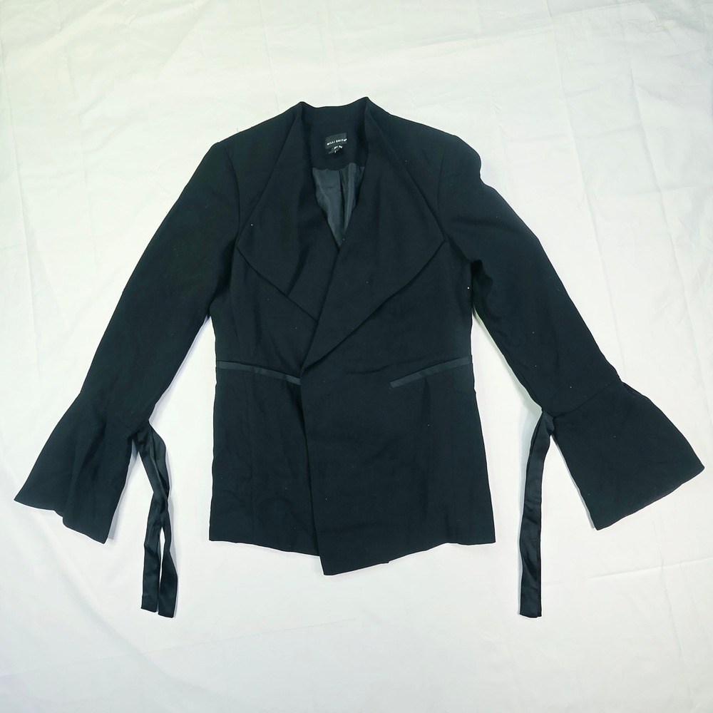 Willi Smith Women's Bell Sleeve Blazer Small Black Satin Tie Open Front Jacket